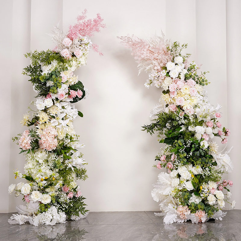 Horn Shape Artificial Flower Arch for Wedding, Green & Pink Floral Arrangement for Ceremony Backdrop & Stage Decor
