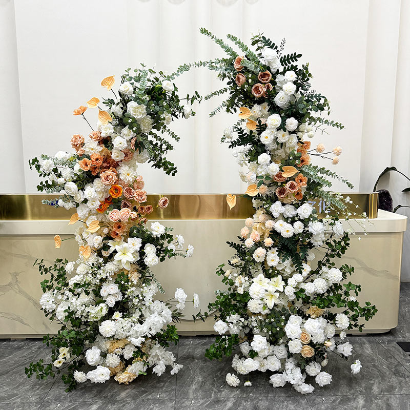 1.9m & 2.3m Coffee Artificial Greenery Floral Arch, Goat Horn Shape Wedding Flower Arch for Ceremony Stage Backdrop & Event Decoration