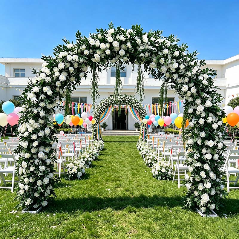 2.4m Low Saturation Floral Arch for Western Outdoor Lawn Wedding, Artificial Hydrangea & Rose Flower Gate Decoration