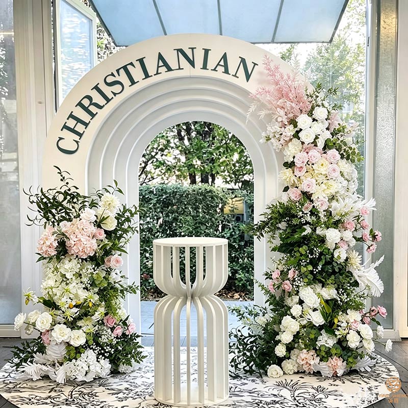Horn Shape Artificial Flower Arch for Wedding, Green & Pink Floral Arrangement for Ceremony Backdrop & Stage Decor