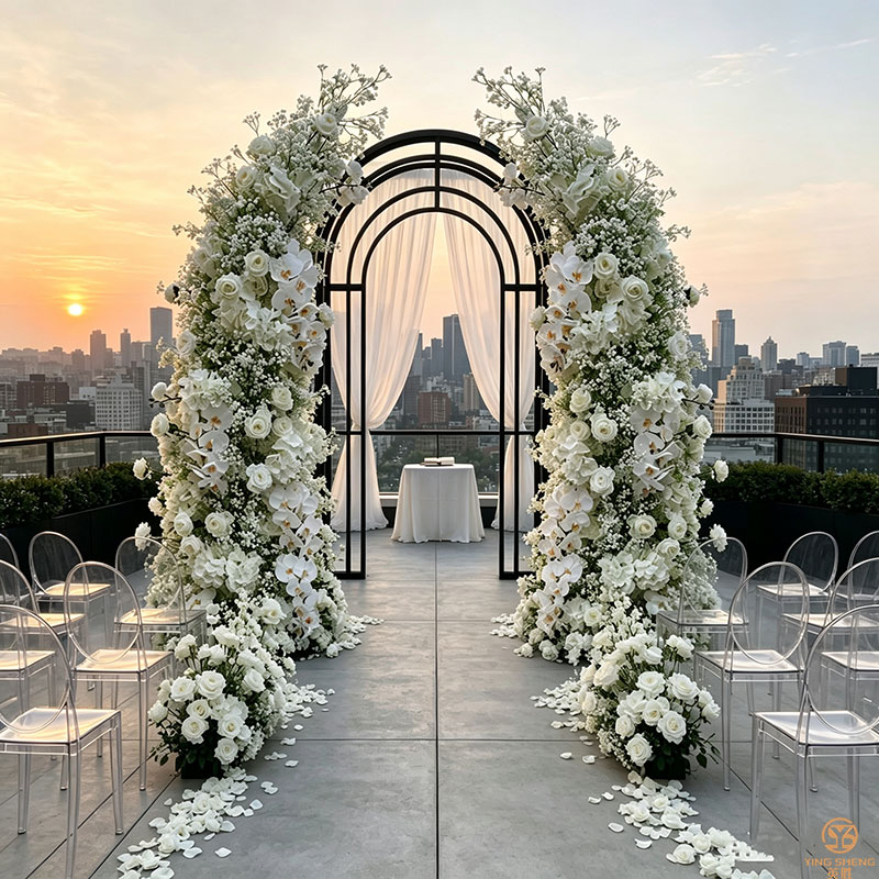 Baby's Breath & Rose Floral Goat Horn Arch, Artificial Flower Wedding Arch for Ceremony Stage Backdrop Decor