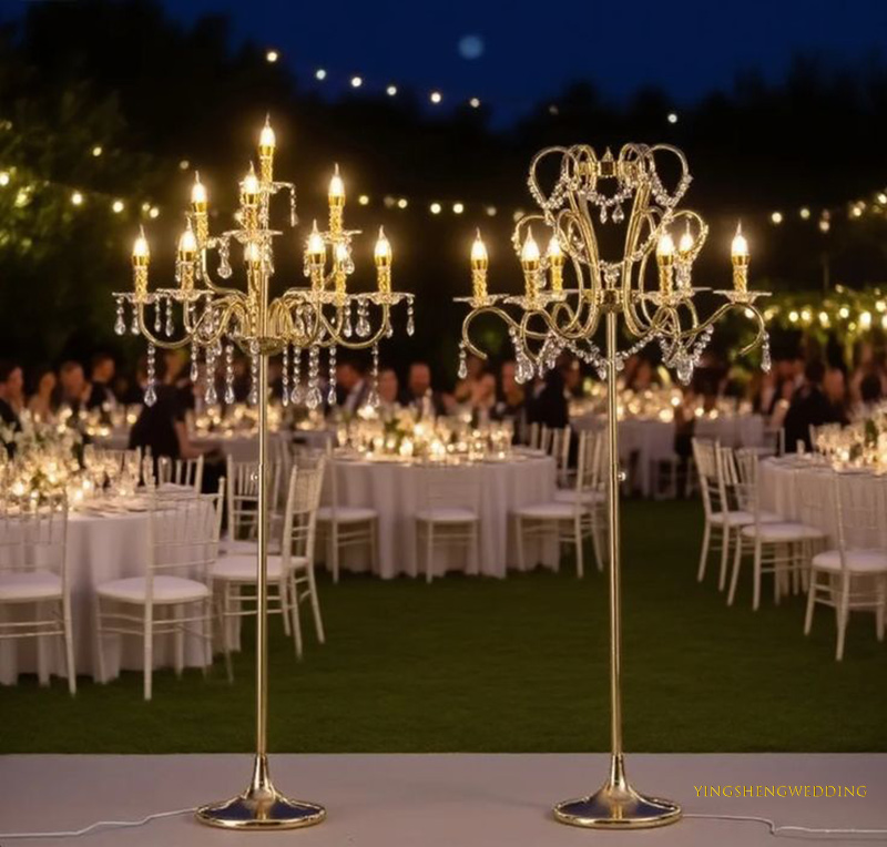 Wholesale Multi Head Crystal Candelabra Street Light for Wedding Venue Gold Electroplated Crystal Candelabra Floor Lamp for Wedding Reception Decor