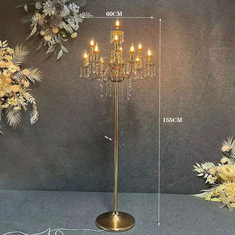 Luxury Crystal Chandelier Stand for Grand Wedding Stage Gold Crystal Candelabra Floor Lamp Close-up Craftsmanship
