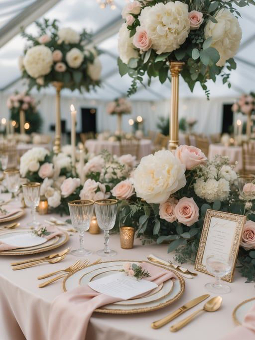 Wholesale luxury silk flower wedding centerpieces with blush and white artificial roses on tall gold stands for reception table decor.