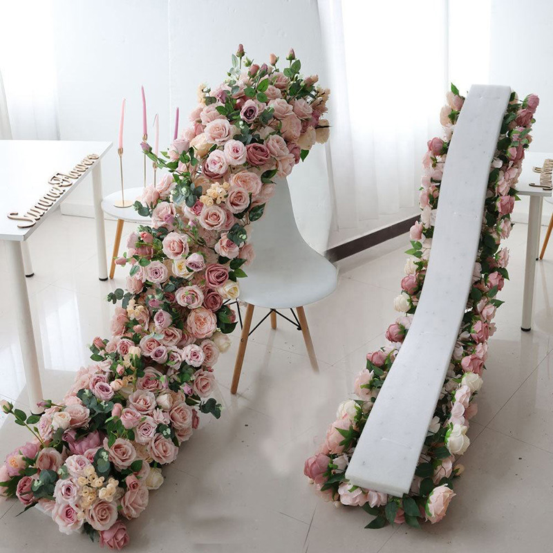 Handcrafted Silk Flower Row with Flexible Foam Base for Easy Tablescaping Dual-angle product shot of a 2m blush pink and cream white silk flower runner showing the dense front roses arrangement and the flexible white foam base support.
