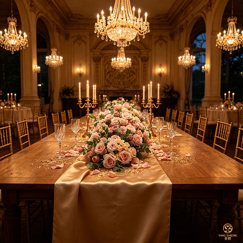 Inspiration: Imperial Table Centerpiece Decor for Grand Ballroom Weddings Luxury indoor wedding reception tablescape featuring a long blush pink silk flower runner illuminated under massive crystal chandeliers and gold candelabras.