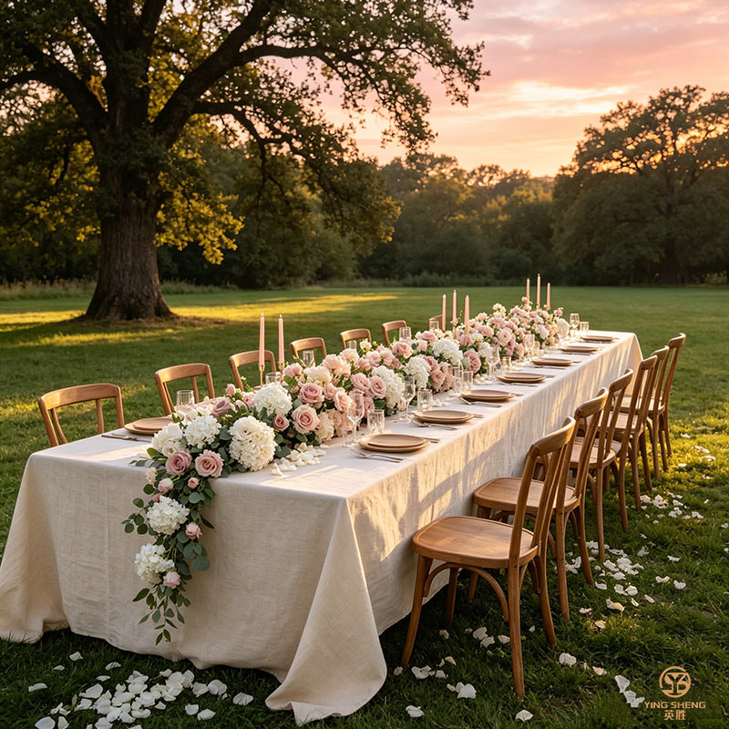 Inspiration: Continuous Cascading Floral Runner for Outdoor Lawn Weddings An elegant outdoor estate wedding reception table setup featuring a continuous white and pink silk flower runner cascading to the grass at sunset.