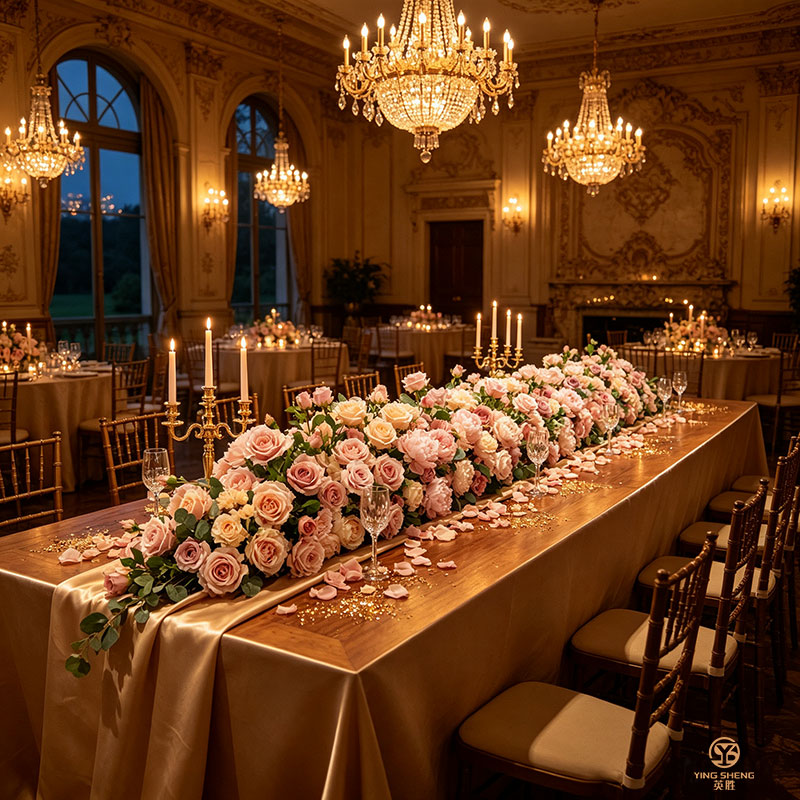 Commercial Grade Bulk Wedding Florals for Professional Venue Production Comprehensive ballroom venue layout showing an extended pink and peach silk rose table runner for high-end commercial banquet decorations.