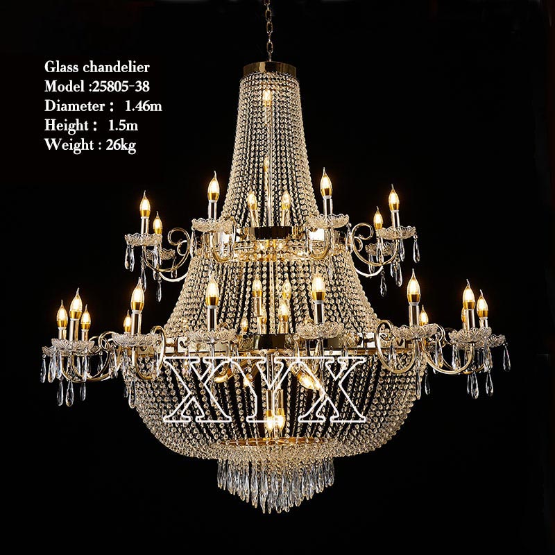 Yingsheng 25805-38 Glass Chandelier | Luxury Ballroom Wedding Decor | Wholesale Large glass crystal chandelier for hotel ballroom wedding — 38-light gold, 1.46m diameter